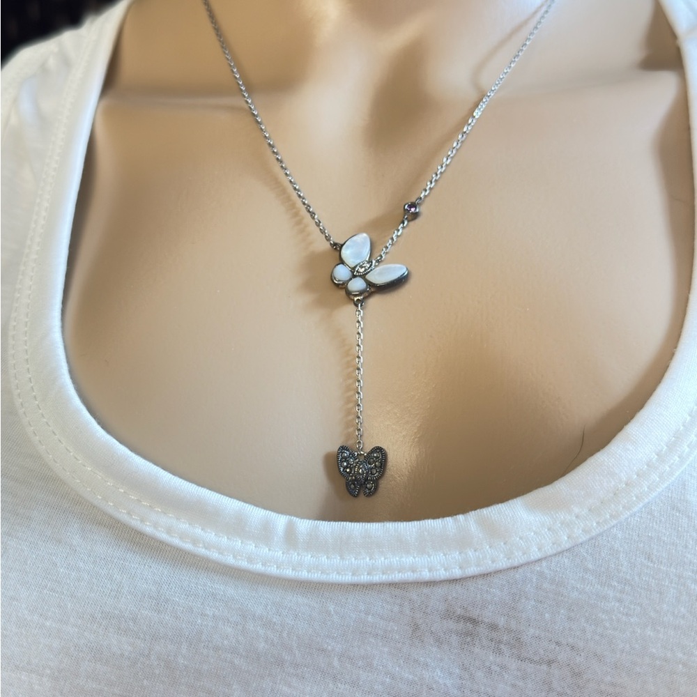 Sterling Silver Marcasite Mother Of Pearl Butterfly Drop Necklace